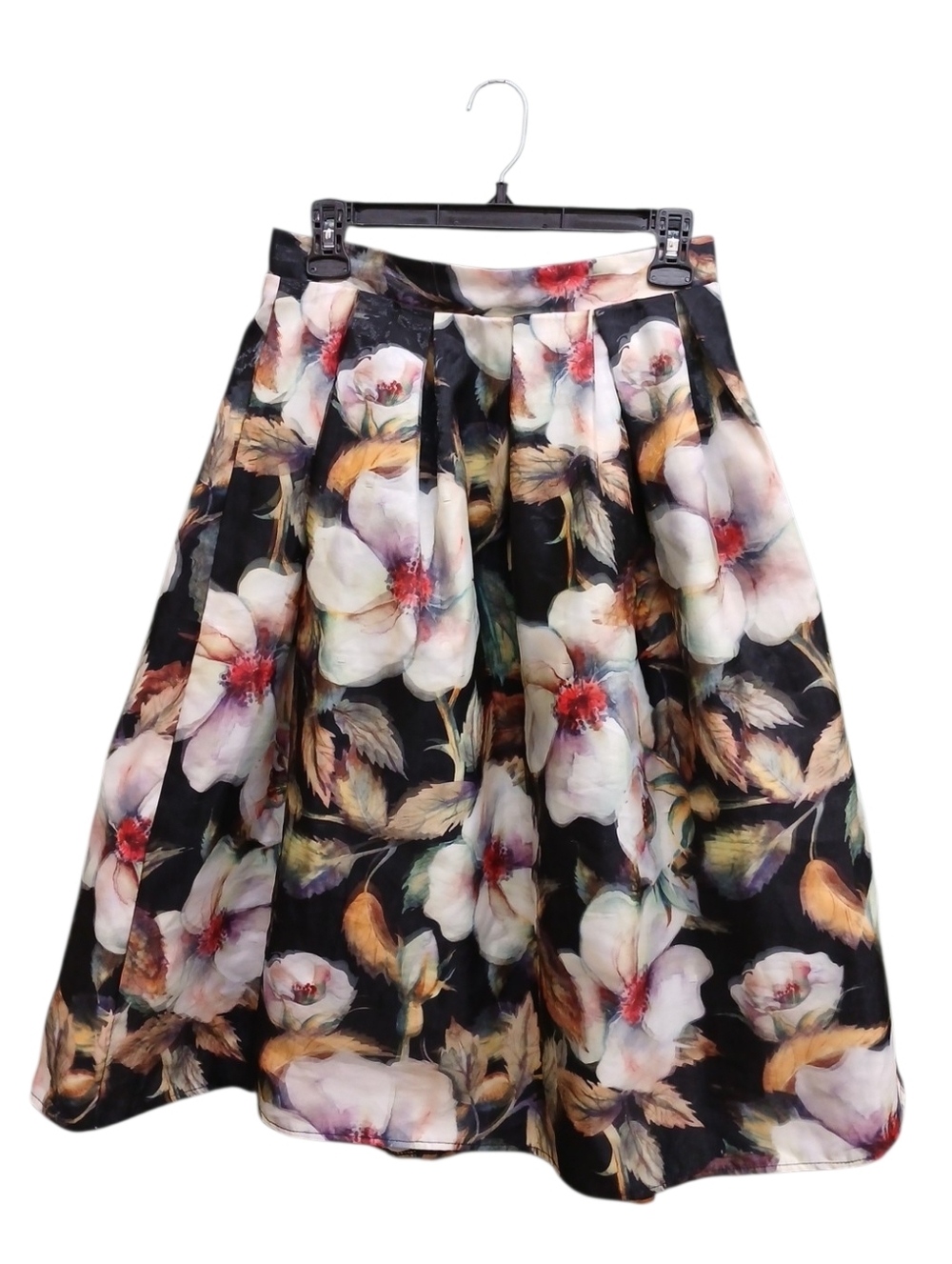 San Joy Black Floral A-Line Midi Skirt with Cream and Pink Blooms Size Medium